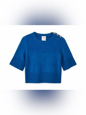Barrie Scotland Blue Cashmere Knit Sweater‎ Gold Button Short Sleeve Top